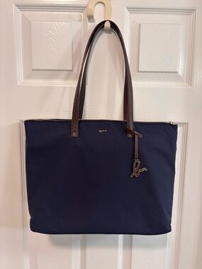 Agnes B. Navy Tote with Brown Leather Handles